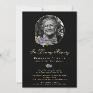 Invitation Black Purple Gold Floral Photo Service Memorial