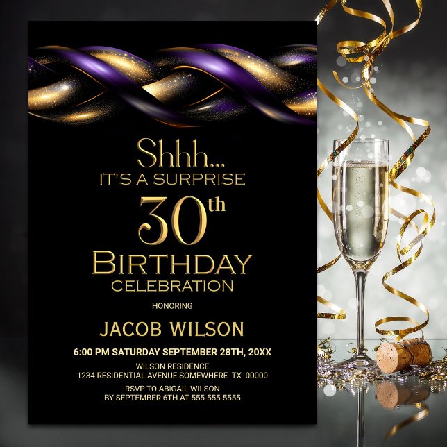 Invitation Black Purple Gold Surprise 30e anniversaire (Créateur téléchargé)