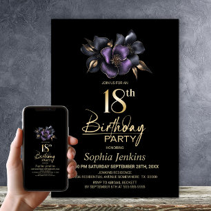 Invitation Black Purple Grey Floral 18e fête anniversaire
