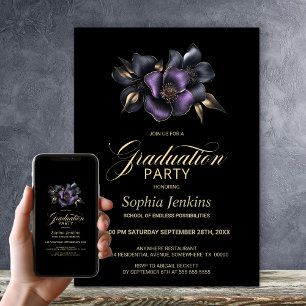 Invitation Black Purple Grey Floral Party