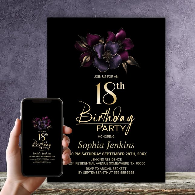 Invitation Black Purple Rose Floral 18ème anniversaire (Créateur téléchargé)