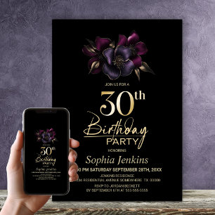 Invitation Black Purple Rose Floral 30e anniversaire fête