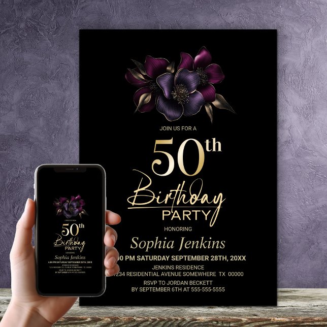 Invitation Black Purple Rose Floral 50e fête d'anniversaire (Créateur téléchargé)