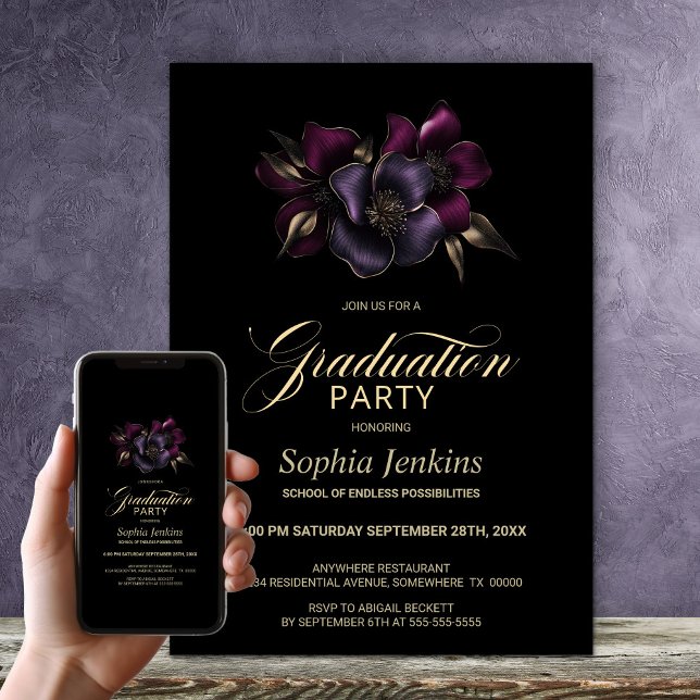 Invitation Black Purple Rose Floral Party de graduation (Créateur téléchargé)