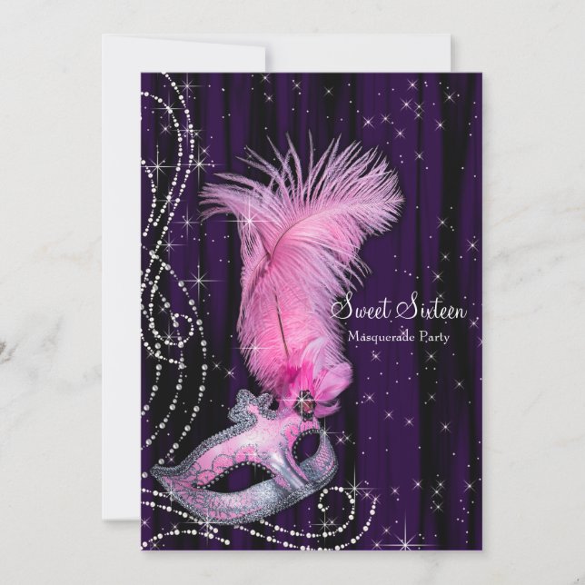Invitation Black Purple Rose Sweet 16 Masquerade Party (Devant)
