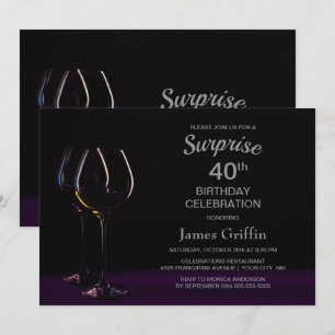 Invitation Black Purple Surprise 40e Anniversaire Verre de vi