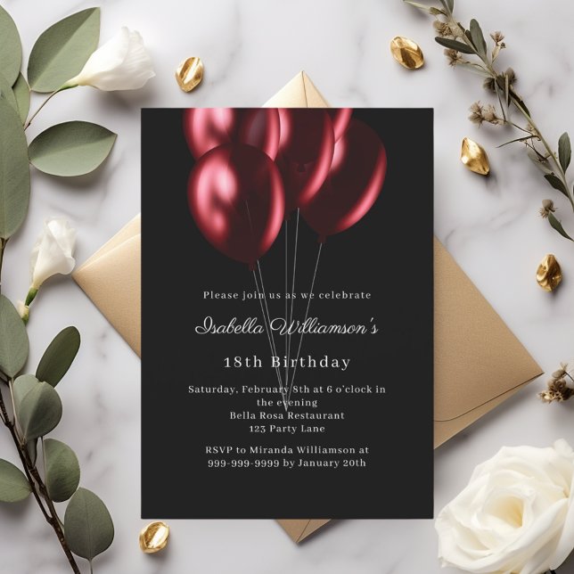 Invitation Black red balloons birthday  (Créateur téléchargé)