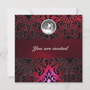 Invitation BLACK & RED DAMASK GEM STONE MONOGRAM bordeaux