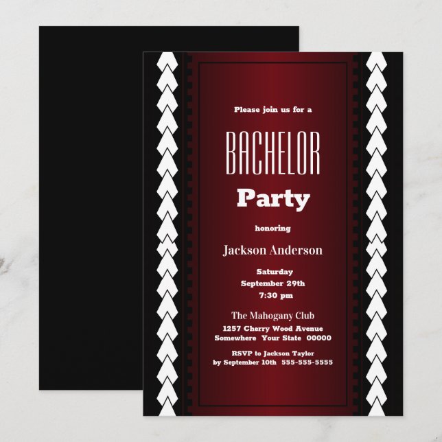 Invitation Black Red et White Bachelor Party (Devant / Derrière)