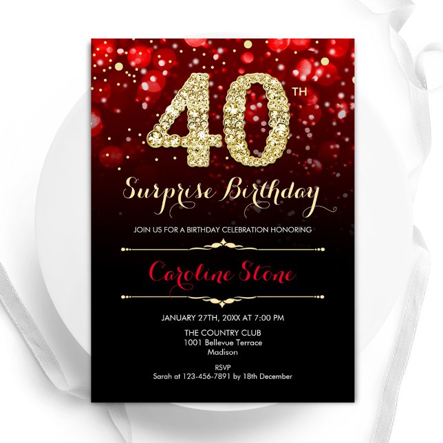 Invitation Black Red Gold Surprise 40e anniversaire (Créateur téléchargé)