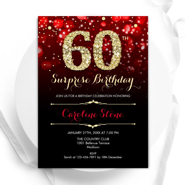 Invitation Black Red Gold Surprise 60e anniversaire (Créateur téléchargé)
