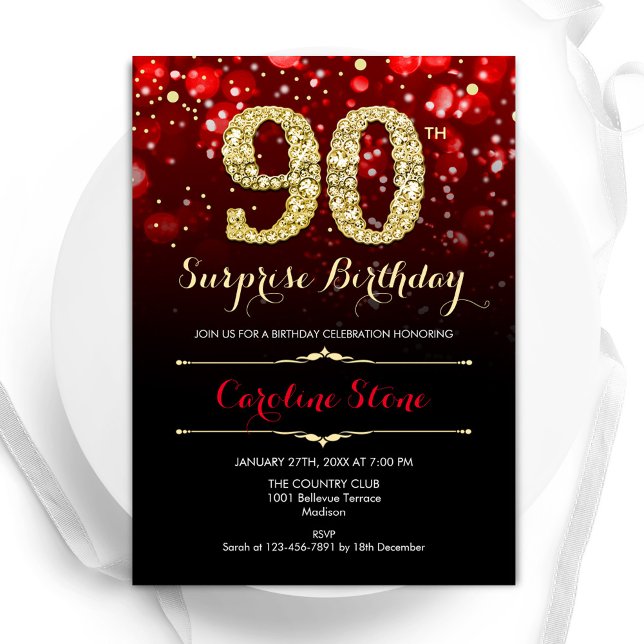Invitation Black Red Gold Surprise 90e anniversaire (Créateur téléchargé)