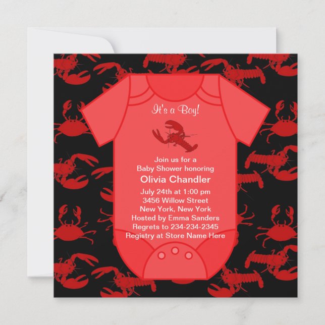 Invitation Black Red Lobster Épis Bébé Garçon Douche (Devant)