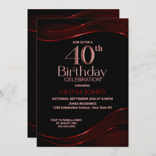 Invitation Black Red moderne fête d'anniversaire 40th