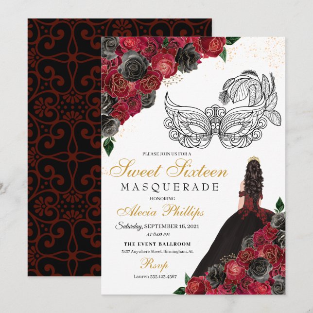 Invitation Black Red Princess Tiara Masquerade Sweet 16 (Devant / Derrière)