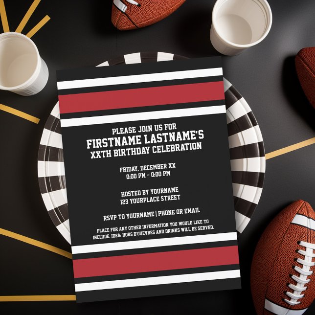 Invitation Black Red Sports Jersey fête d'anniversaire (Birthday Party Invitation - Sports Theme - Football Party Invitation)