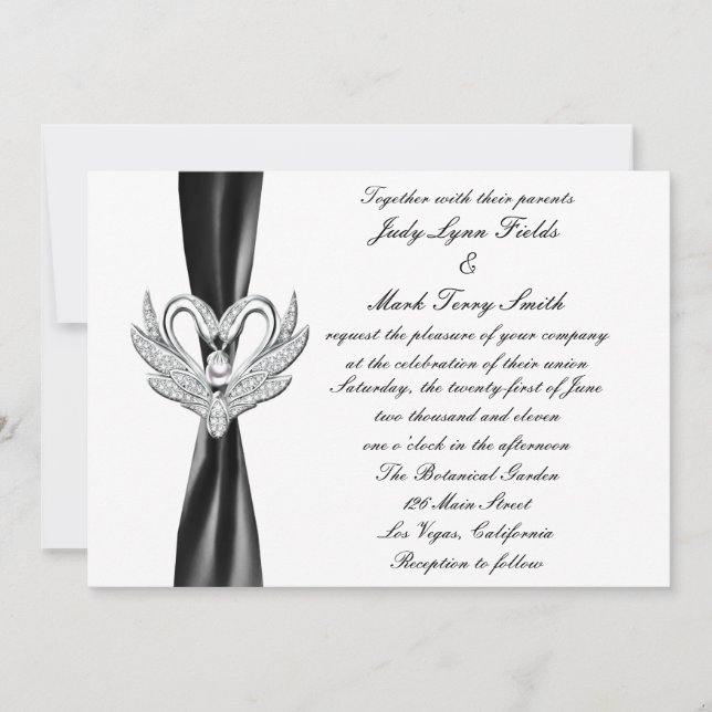 Invitation Black Ribbon Silver Swans (Devant)