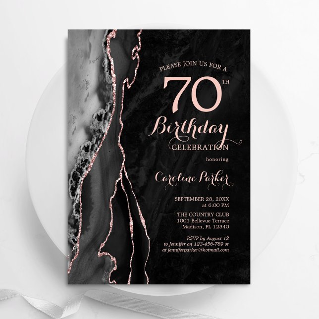 Invitation Black Rose Gold Agate 70e anniversaire (Créateur téléchargé)