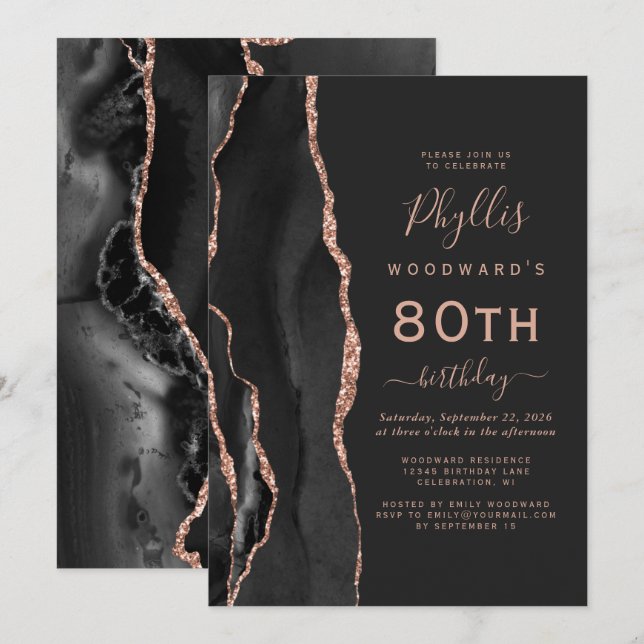 Invitation Black Rose Gold Agate Dark 80th Birthday Party (Devant / Derrière)