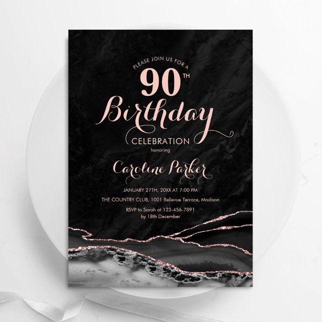 Invitation Black Rose Gold Agate Marbre 90e anniversaire (Créateur téléchargé)