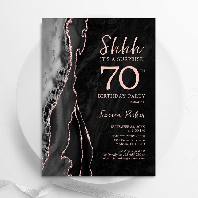 Invitation Black Rose Gold Agate Surprise 70e anniversaire (Créateur téléchargé)