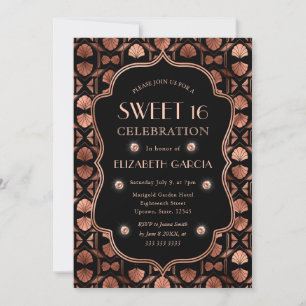 Invitation Black & Rose Gold Art Déco Cadre Vintage Sweet 16
