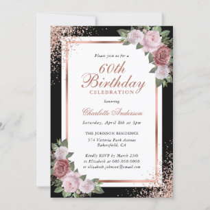 Invitation Black Rose Gold Blush rose Floral 60e anniversaire