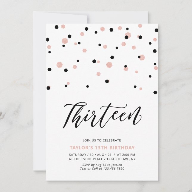 Invitation Black & Rose Gold Girl 13e fête d'anniversaire Ado (Devant)