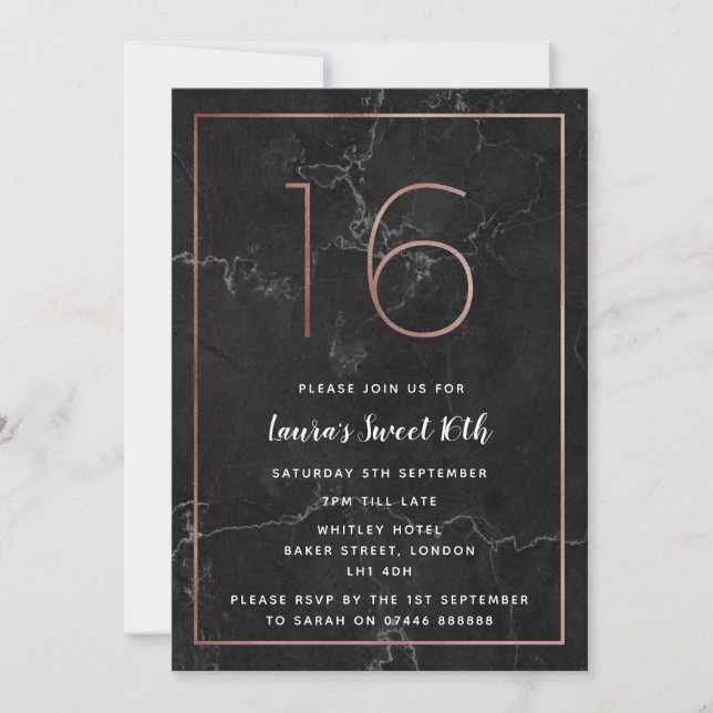 Invitation Black & Rose Gold Marbled 16e anniversaire Invitat (Devant)