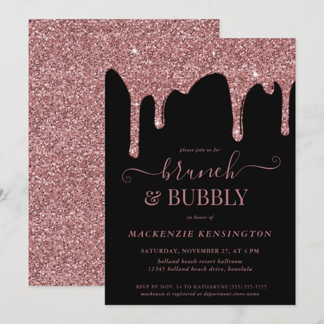 Invitation Black Rose Gold Parties scintillant Drives Brunch  (Devant / Derrière)