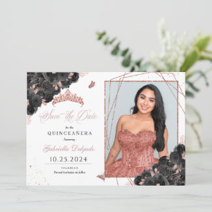 Invitation Black & Rose Gold Quinceañera Enregistrer la date