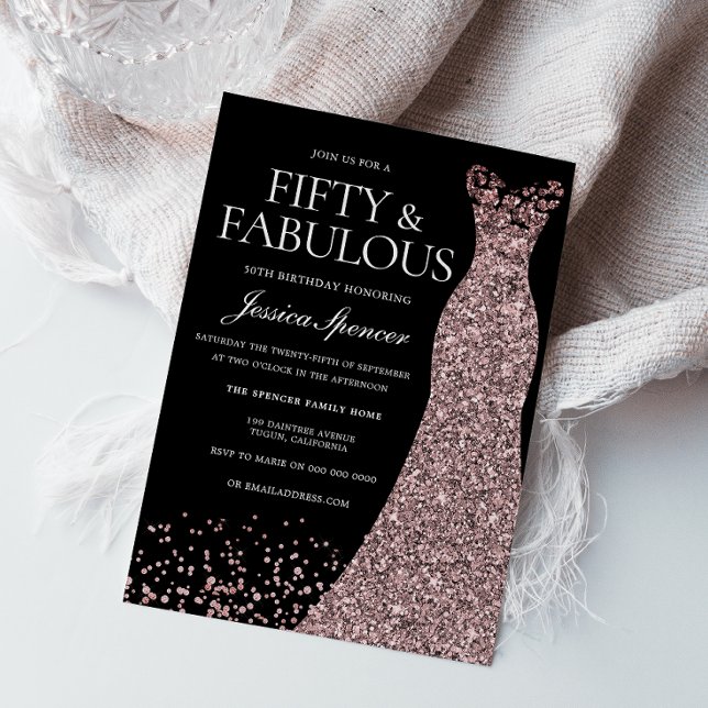 Invitation Black Rose Gold robe femmes 50e fête d'anniversair (Créateur téléchargé)