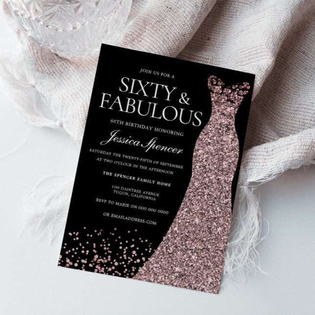 Invitation Black Rose Gold robe femmes 60e fête d'anniversair (Créateur téléchargé)