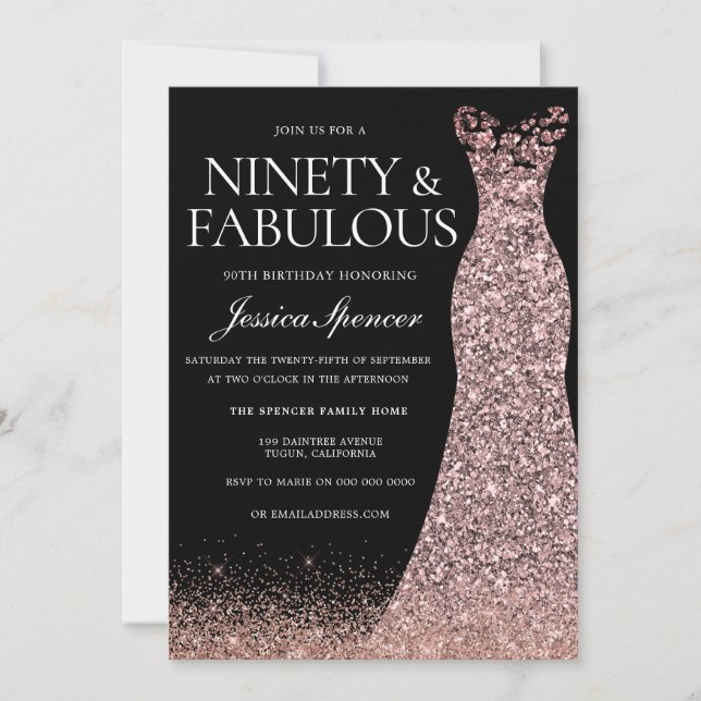 Invitation Black Rose Gold robe femmes 90e fête d'anniversair (Devant)
