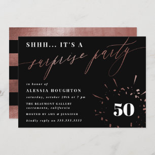 Invitation Black & Rose Gold Script Surprise Party