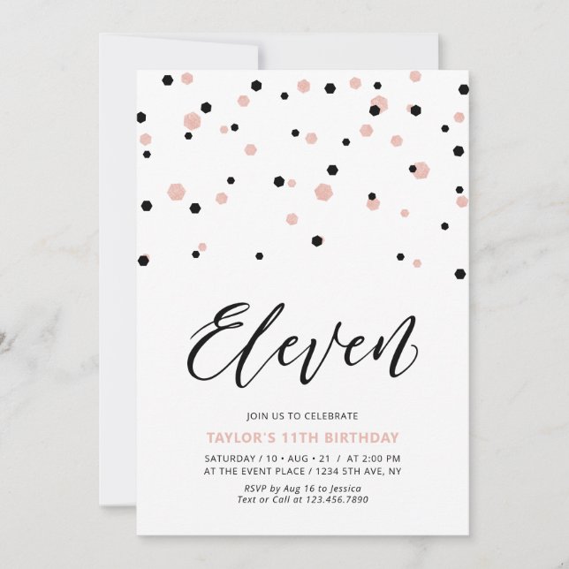 Invitation Black & Rose Gold Simple 11ème fête d'anniversaire (Devant)