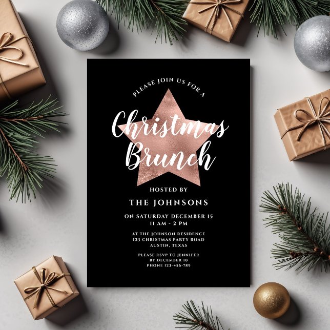 Invitation Black Rose Gold Star Noël Brunch (Black Rose Gold Star Christmas Brunch Invitation)