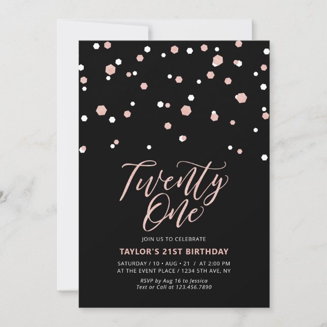 Invitation Black & Rose Gold Vingt et un fête d'anniversaire  (Devant)