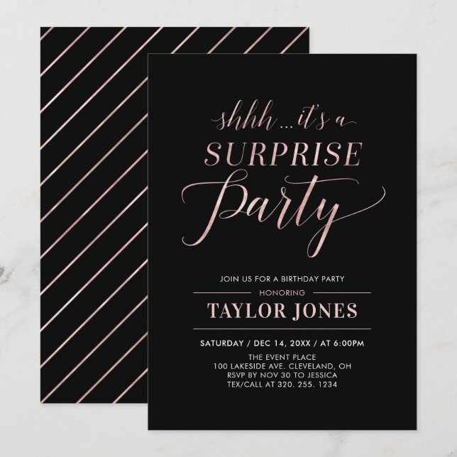 Invitation Black & Rosegold | Fête d'anniversaire surprise mo (Devant / Derrière)