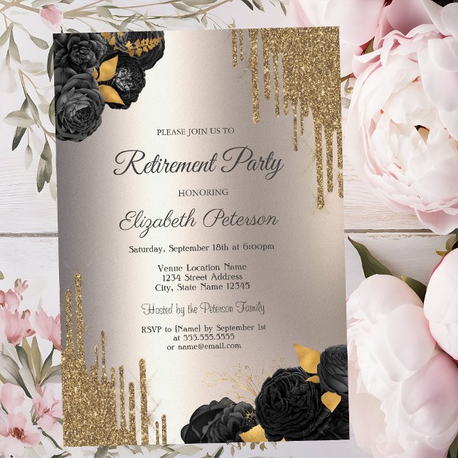 Invitation Black Roses Glitter Drips Ivory Retirement Party (Créateur téléchargé)