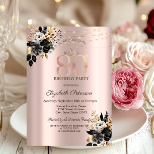 Invitation Black Roses Glitter Rose Gold 80e Anniversaire