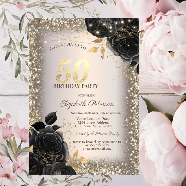 Invitation Black Roses,Lights Glitter Frame 50th Birthday (Créateur téléchargé)