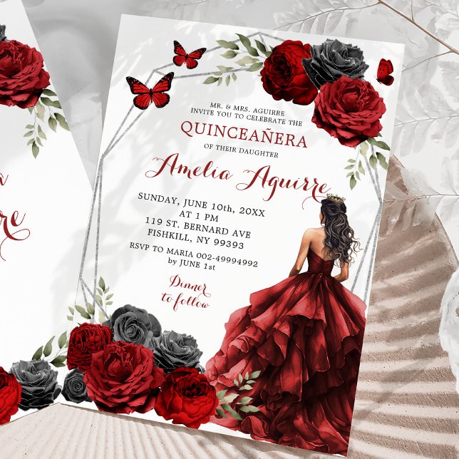 Invitation Black Rouge Bourgogne Florale Princesse Quinceañer (Créateur téléchargé)