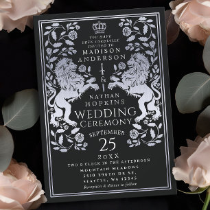 Invitation Black Royal Lion Médiéval Mariage d'argent