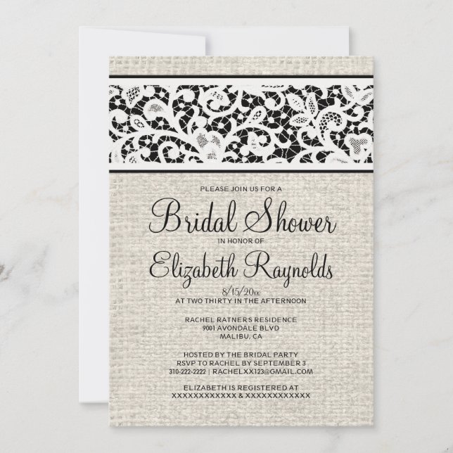 Invitation Black Rustic Burlap Linge Douche nuptiale Invitati (Devant)