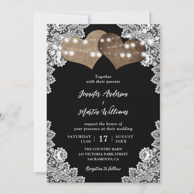 Invitation Black Rustic Pays Dentelle Mariage (Devant)