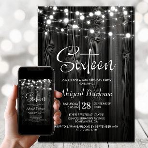 Invitation Black Rustic Wood 16e fête d'anniversaire