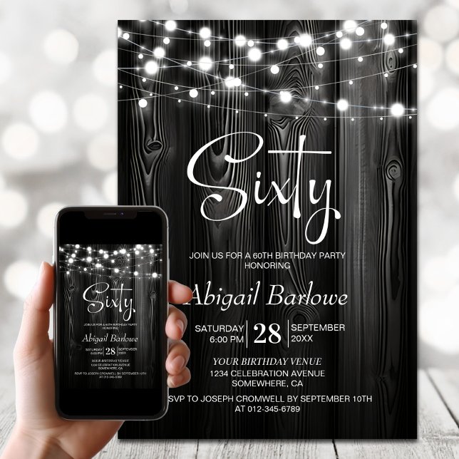 Invitation Black Rustic Wood 60e fête d'anniversaire (Créateur téléchargé)