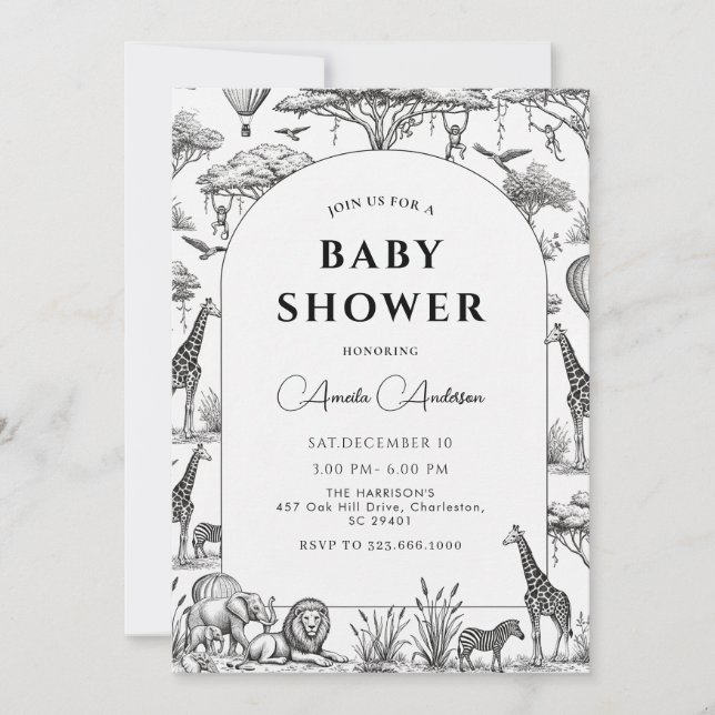 Invitation black  Safari Toile De Jouy Boy Baby Shower  (Devant)