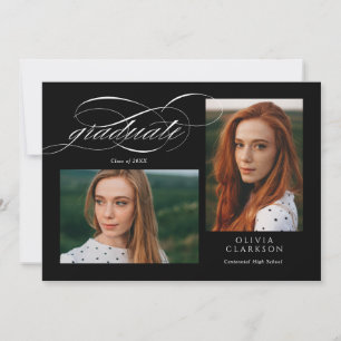 Invitation Black Script QR Code 3 Photo Graduation Party